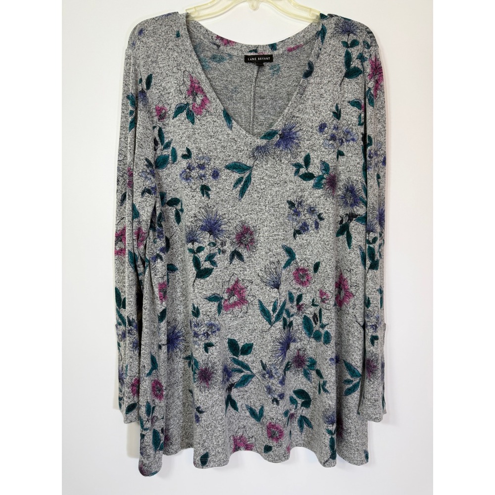 Lane Bryant Tunic Sweater Plus 18 20 Grey Purple Floral V-Neck Grommet Cuff Work